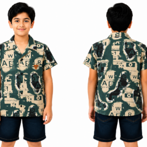 Abstract Printed Cuban Collar Shirt – Olive Green
